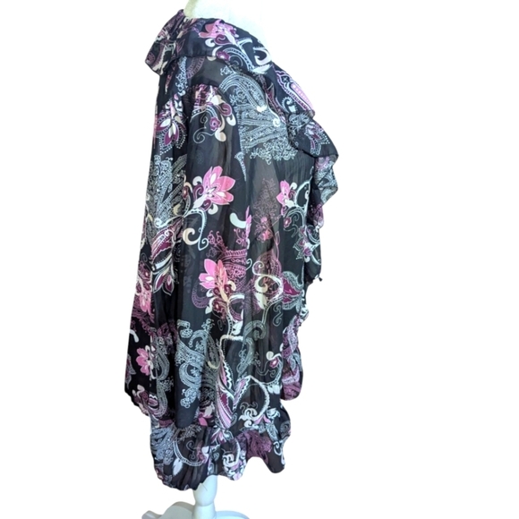 Fairycore Chiffon Sheer Black/Pink Print Ruffle Tie Front Flowy Top Sz 2x - Picture 2 of 9